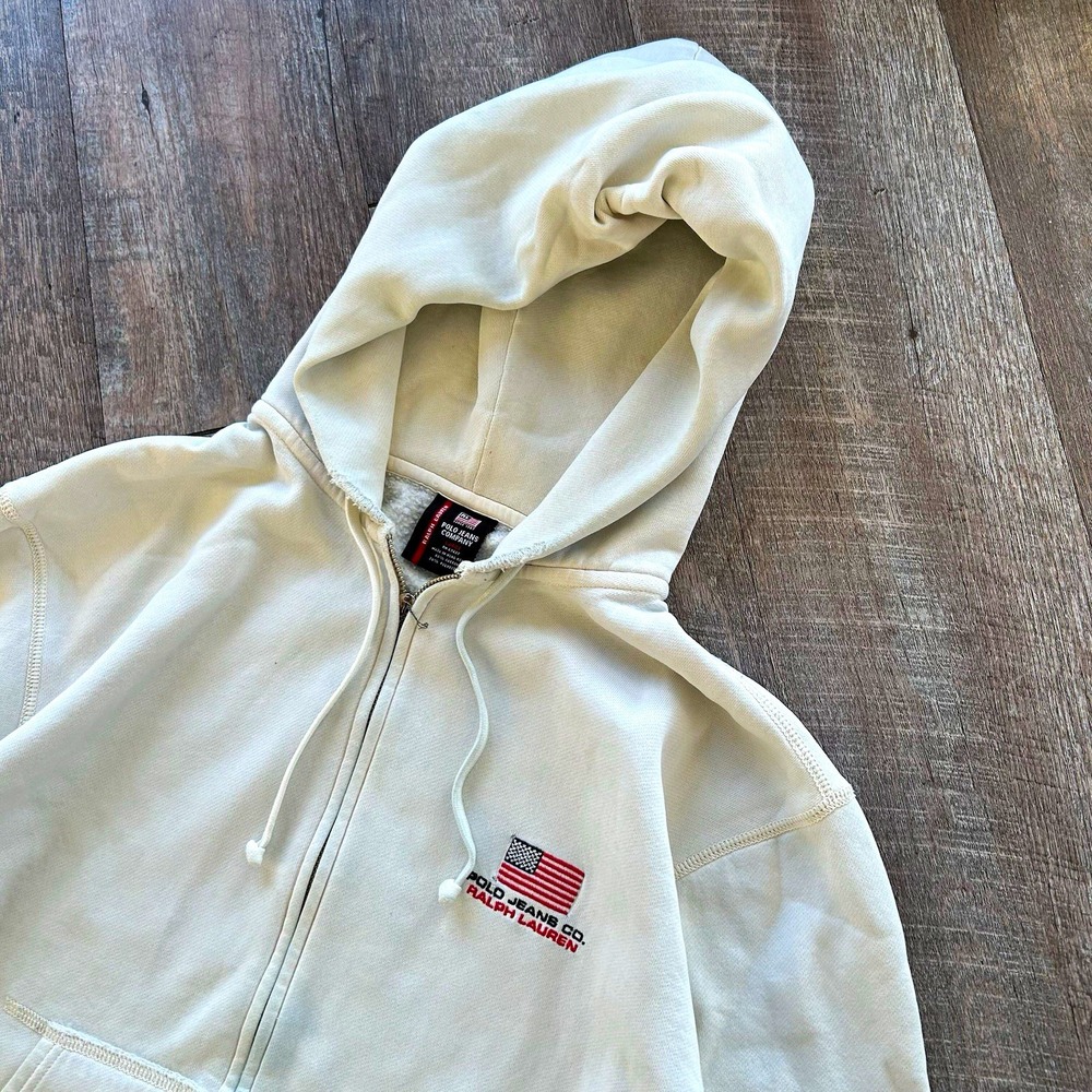 Vintage 90s Polo Jeans Co Ralph Lauren Full Zip Hoodie Large Cream USA Flag Back